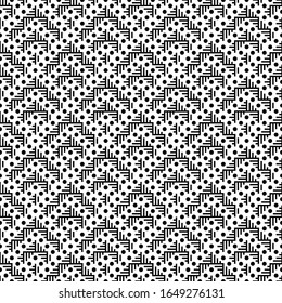 Seamless pattern. Chevrons, dots ornament. Figures, circles backdrop. Shapes, rounds wallpaper. Simple background. Tribal motif. Ancient mosaic. Ethnic ornate. Digital paper, textile print, abstract.