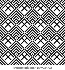 Seamless pattern. Chevrons, rhombuses ornament. Brackets, checks wallpaper. Curves, polygons illustration. Folk motif. Geometric background. Textile print, web design, abstract backdrop. Vector art.