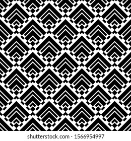 Seamless pattern. Chevrons, rhombuses ornament. Brackets, checks wallpaper. Curves, polygons illustration. Geometric background. Folk motif. Textile print, web design, abstract backdrop. Vector art.