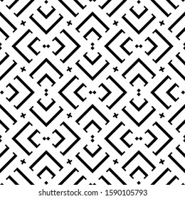 Seamless pattern. Chevrons, squares, crosses ornament. Brackets, checks wallpaper. Curves, polygons illustration. Geometric background. Folk motif. Textile print, web design, abstract vector.