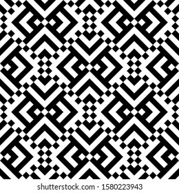 Seamless pattern. Chevrons, squares ornament. Brackets, checks wallpaper. Curves, polygons illustration. Geometric background. Folk motif. Textile print, web design, abstract backdrop. Vector art.