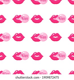 Seamless pattern of chewing gum with lips for the wedding or Valentine's Day. Cartoon vector isolated design for wallpaper, wrapping paper, textile, etc.