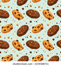 Seamless pattern with chewy chocolate cookies with chips and crumbs. Beige, brown, light mint blue colors. Hand drawn flat vector illustration