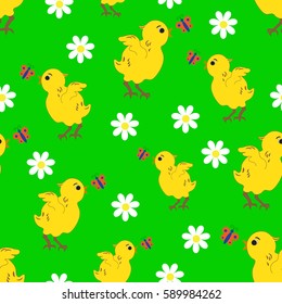 Seamless pattern with chick, flowers and butterflies