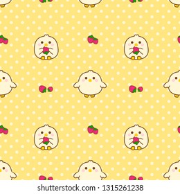 Seamless pattern chick and strawberry on yellow background