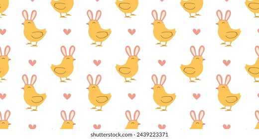 Seamless pattern with Chicken with bunny ears hat. Easter design for wrapping paper and backgrounds. Hand drawn illustration of Chick bird in kawaii style.