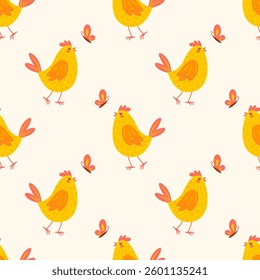 Seamless pattern with chicken and butterflies on a light background. Easter vector background. Editable.