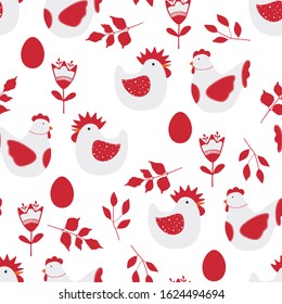 Seamless pattern with chicken. Can be used on packaging paper, fabric and etc. Red illustration.