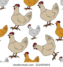 Seamless Pattern With Chicken Cartoon Character On White