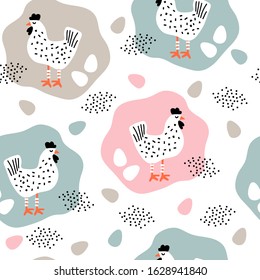 Seamless pattern with chicken cartoon on white background
