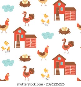 Seamless pattern chicken coop turkey farm birds. Repetitive background with a rustic motif. Vector hand draw paper, nursery design wallpaper