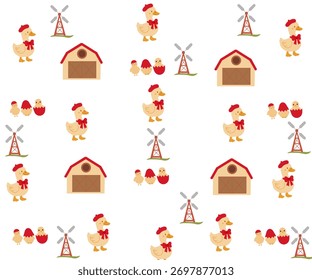 Padrão sem emenda de galinheiros, perus, aves, casas de fazenda. Fundo repetitivo com motivo rústico. Papel vetorial desenhado à mão, design de papel de parede de quarto infantil.