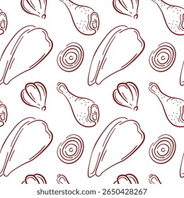 Seamless pattern with chicken drumstick and fillet, garlic and onion in line art style on white background. Perfect for butcher shop delivery packaging, cooking book and culinary design.