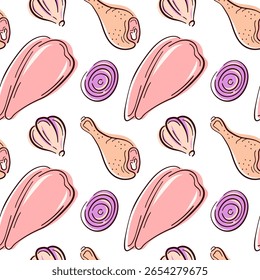 Padrão sem costura com tambor de frango e filete, alho e cebola em estilo plano sobre fundo branco. Ótimo para embalagem culinária ou design com tema de culinária.