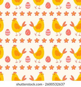 Seamless pattern with chicken, easter eggs and red flowers on a light background. Vector Easter background.