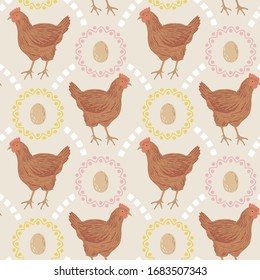 Seamless pattern of chicken and egg with ethnic ornament elements. Repeatable textile vector print, wallpaper design.