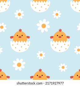 Seamless Pattern With Chicken, Egg Shell And Daisy Flower Cartoons On Blue Background Vector Illustration.