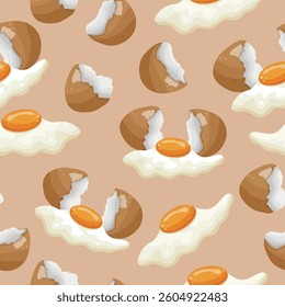 seamless pattern with chicken eggs in different states and in different shapes and cooking methods on a brown background, for various designs and templates