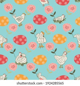 seamless pattern with chicken, eggs and flowers, vector design for paper, fabric.