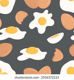 Seamless pattern with chicken eggs. Hand drawn vector illustration in flat style. Whole brown eggshell eggs, boiled, fried eggs, yolk, broken eggshells. Concept of tasty breakfast, farm, cooking