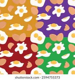 Seamless pattern with chicken eggs. Hand drawn vector illustration in flat style. Whole brown eggshell eggs, boiled, fried eggs, yolk, broken eggshells. Concept of tasty breakfast, farm, cooking