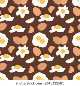 Padrão contínuo com ovos de galinha. Ilustração vetorial desenhada à mão em estilo plano. Ovos inteiros de casca de ovo marrom, cozidos, ovos fritos, gema, cascas de ovos quebradas. Conceito de café da manhã saboroso, fazenda, cozinhar