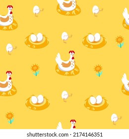 Seamless pattern with chicken, eggs in the nest. Cartoon style for fabric, background. Juicy yellow colors. Traditional symbols of France.