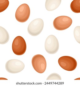 Seamless pattern with chicken eggs. White, light brown and dark egg. Vector background. Cartoon flat illustrations.