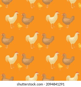 Seamless pattern of chicken family. Domestic animals on colorful background. Vector illustration for textile prints, fabric, banners, backdrops and wallpapers.
