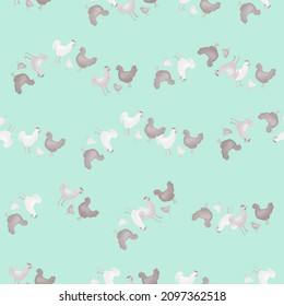 Seamless pattern of chicken family. Domestic animals on colorful background. Vector illustration for textile prints, fabric, banners, backdrops and wallpapers.
