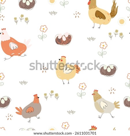 Seamless pattern with chicken, flowers and eggs. Vector illustration with farm birds and eggs for Easter.