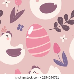 Seamless pattern with chicken and flowers. The festive pattern of the happy Easter. Vector illustration.