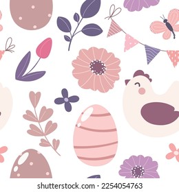 Patrón sin foco con pollo y flores. El patrón festivo de la feliz Pascua. Ilustración vectorial.