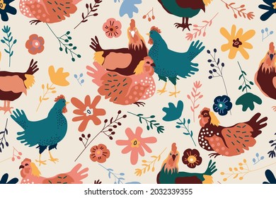 seamless pattern with chicken and flowers, vector design for paper, fabric and other surface