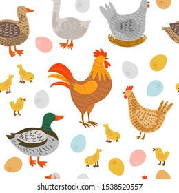 Seamless pattern with chicken, goose, duck, rooster, eggs. Farm poultry, domestic fowl, agricultural birds.  Flat cartoon isolated illustration. Hand drawn vector characters. Use for fabric, wallpaper