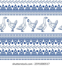  Seamless pattern with chicken, goose and geometrical ornament. Vector