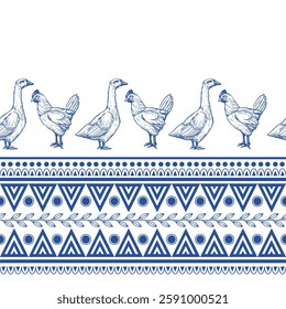  Seamless pattern with chicken, goose and geometrical ornament. Vector