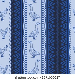  Seamless pattern with chicken, goose and geometrical ornament. Vector