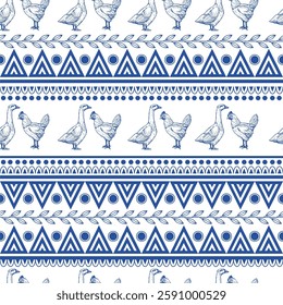  Seamless pattern with chicken, goose and geometrical ornament. Vector