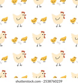 Seamless pattern with chicken. Hand-drawn vector birds, isolated on beige background. Spring season concept, Easter, nature.