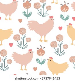 Seamless pattern with chicken, hen and doodle flowers on white background. Hand drawn spring background. Vector illustration