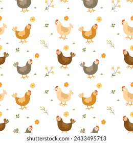 Seamless pattern with chicken, hen and flowers on white background. Spring, summer motif. Vector illustration, hand drawn, flat style.