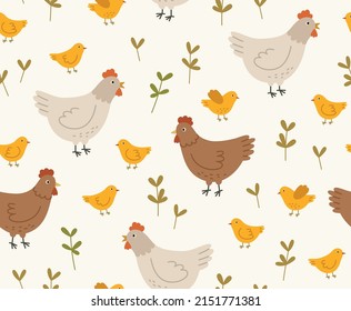 Seamless pattern with chicken, hen, and plants. Hand-drawn vector birds, isolated on beige background. Spring season concept, Easter, nature.