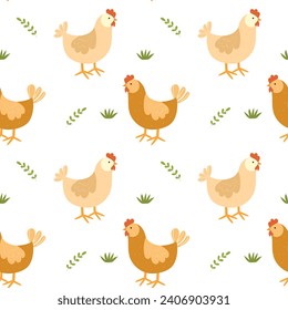 Seamless pattern with chicken, hen. Vector illustration, cartoon, flat style. 