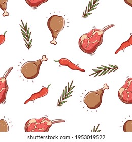 seamless pattern of chicken leg with raw meat and chili