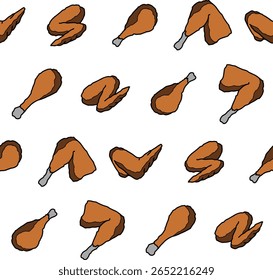 Seamless pattern with chicken legs and chicken wings. Fried chicken background. Doodle chicken legs icons. isolated in white background