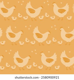 Seamless pattern with chicken, monochromatic yellow.