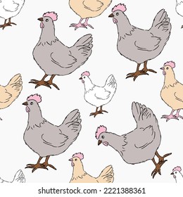 Seamless pattern with chicken, poultry, roosters cartoon character on white