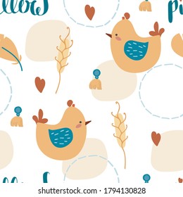 seamless pattern with chicken, prickly, feather and additional graphic elements in cartoon style.