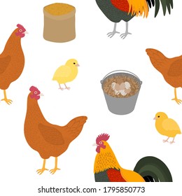 Seamless pattern chicken rooster chickens feed nest eggs grass vector illustration